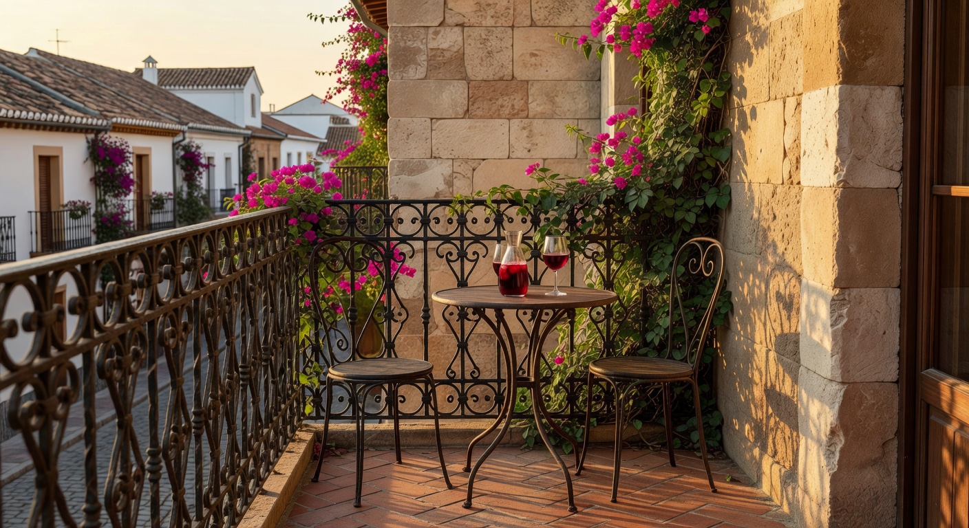 Balcón español con forja artesanal y flores