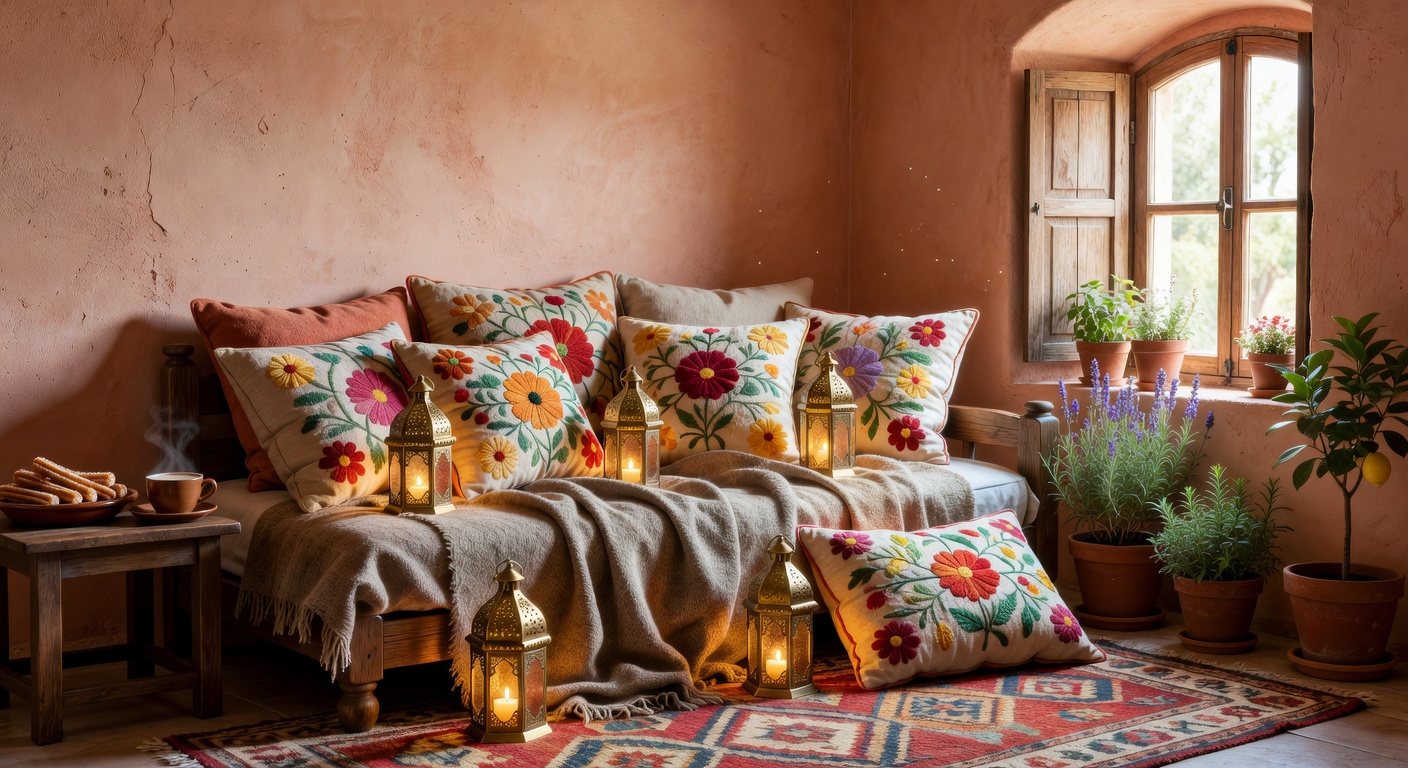 Rincón de daybed acogedor con textiles españoles