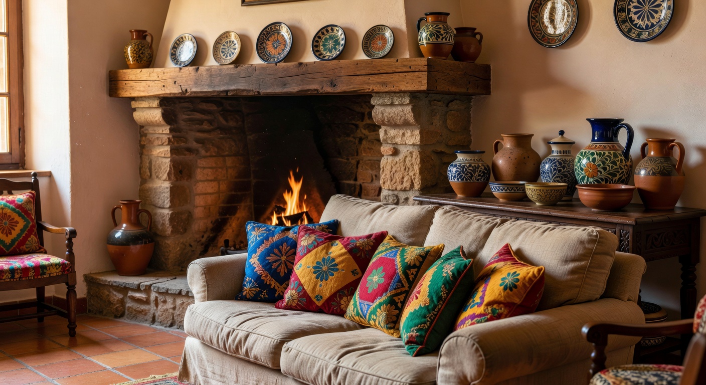 Salón español con chimenea iluminado artesanalmente