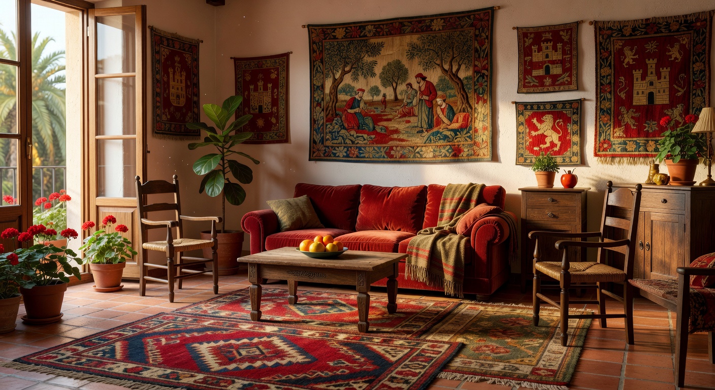 Sala de estar cálida con tapiz español